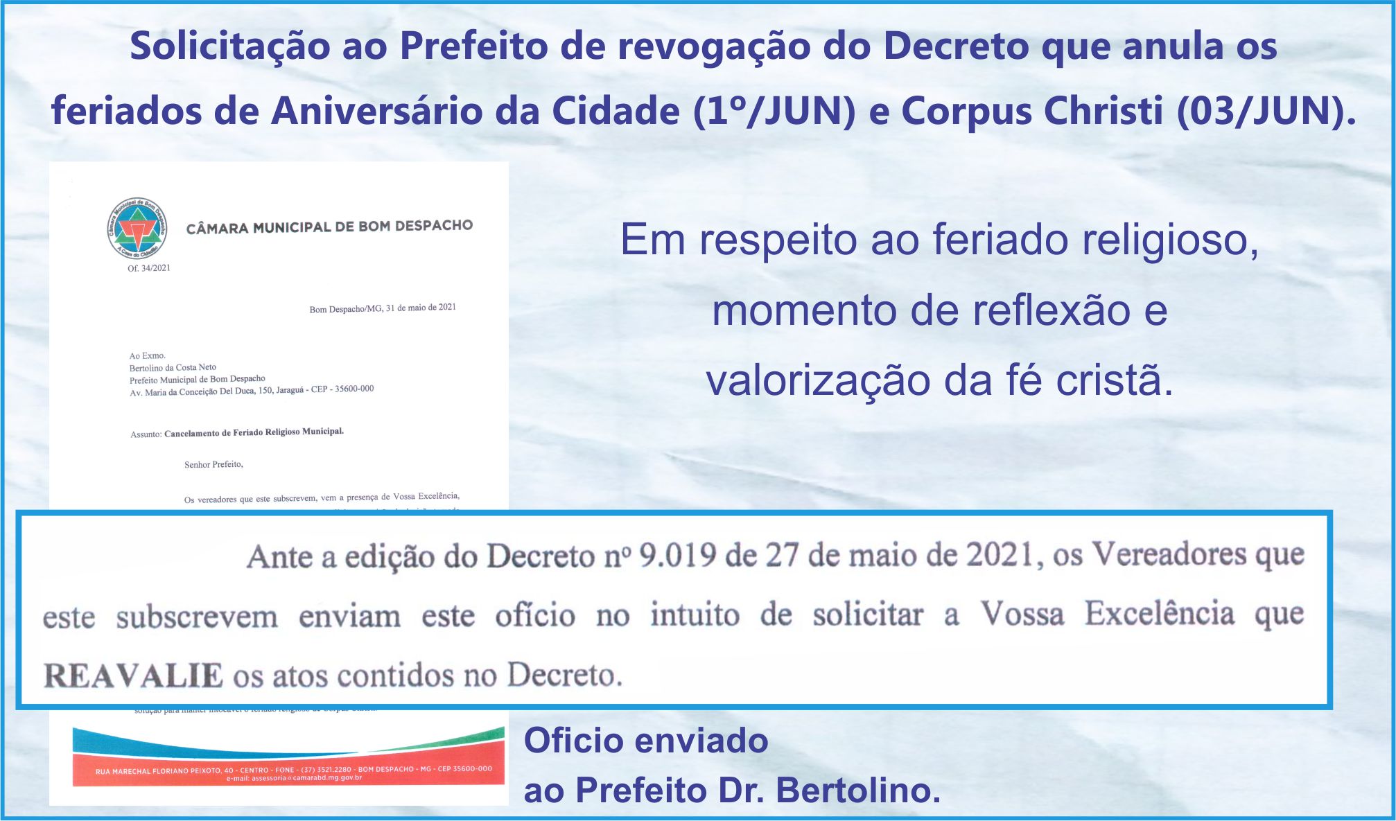 Vereadores solicitam ao Prefeito a revogação de suspensão de feriados.